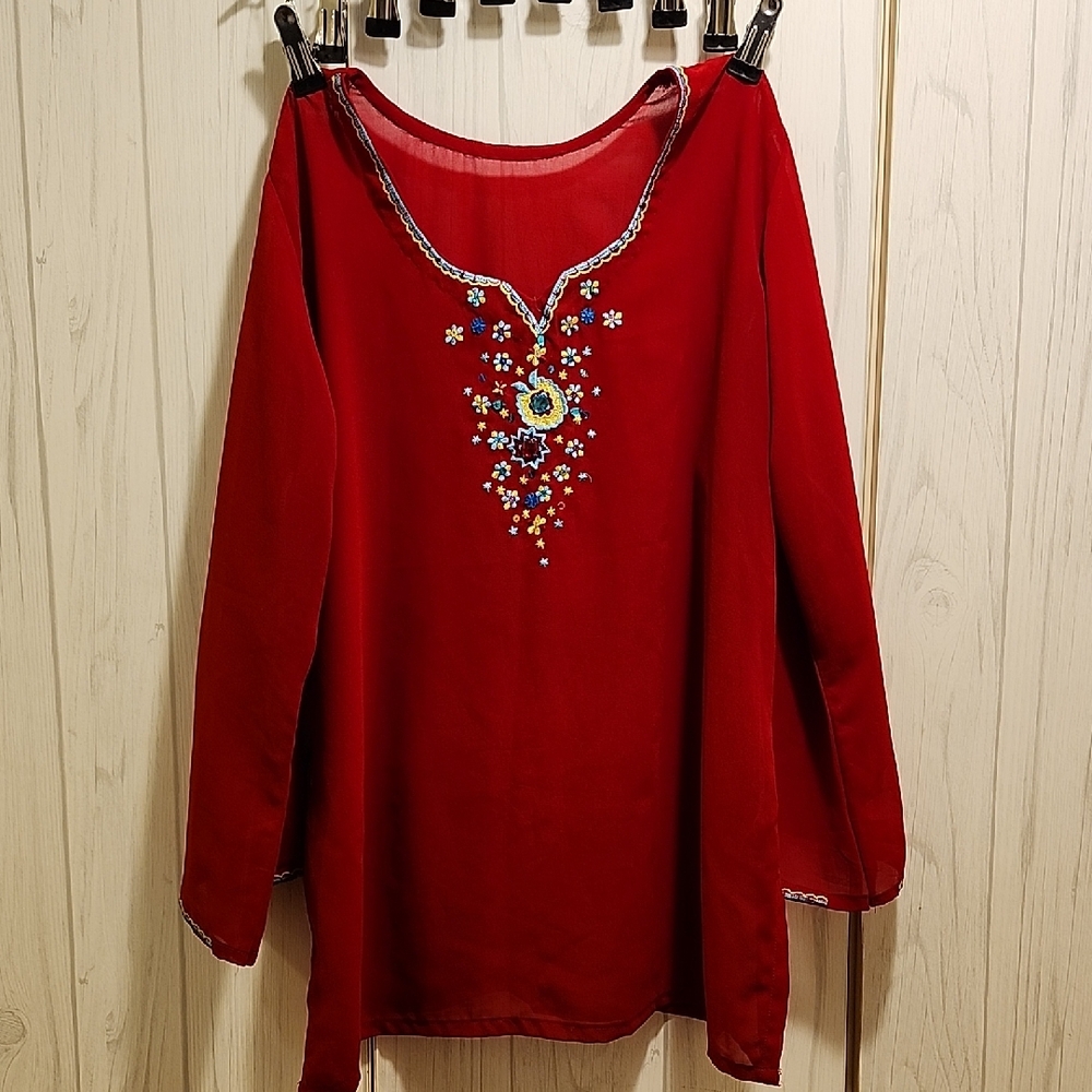Embroidered Red Women's Top